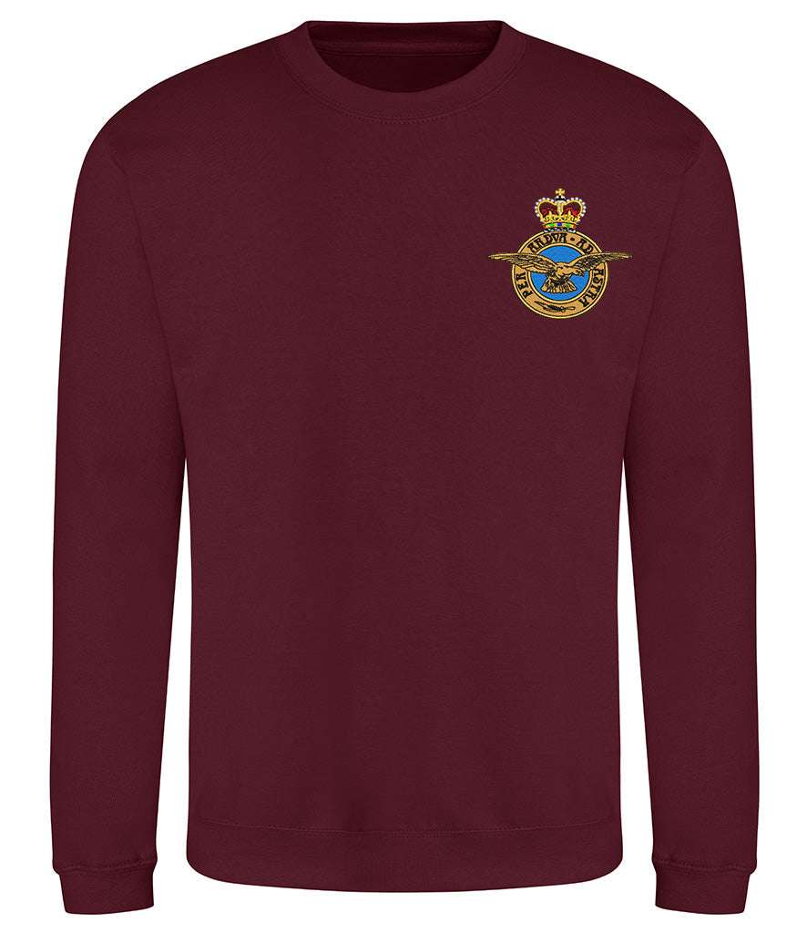 Royal Air Force sweatshirt featuring iconic badge, 80% cotton and 20% polyester, official MOD licensed.
