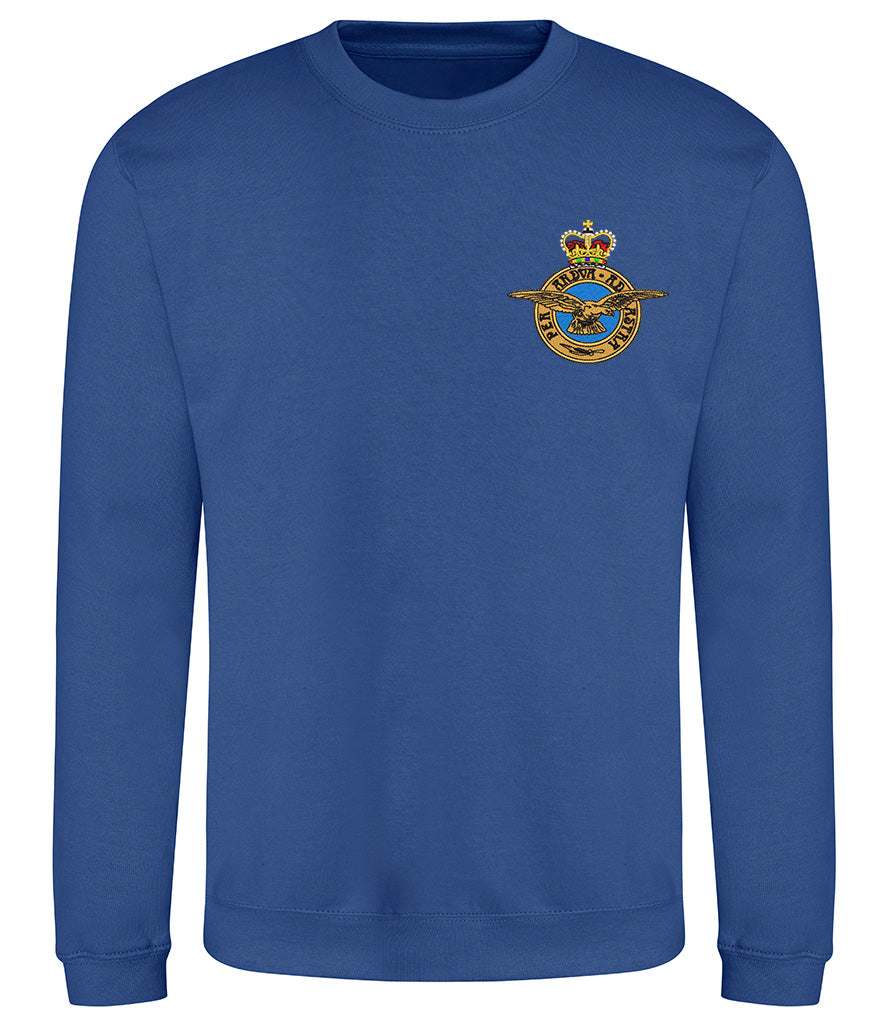 Royal Air Force sweatshirt with badge, 80% cotton, 20% polyester, blue, veteran apparel.
