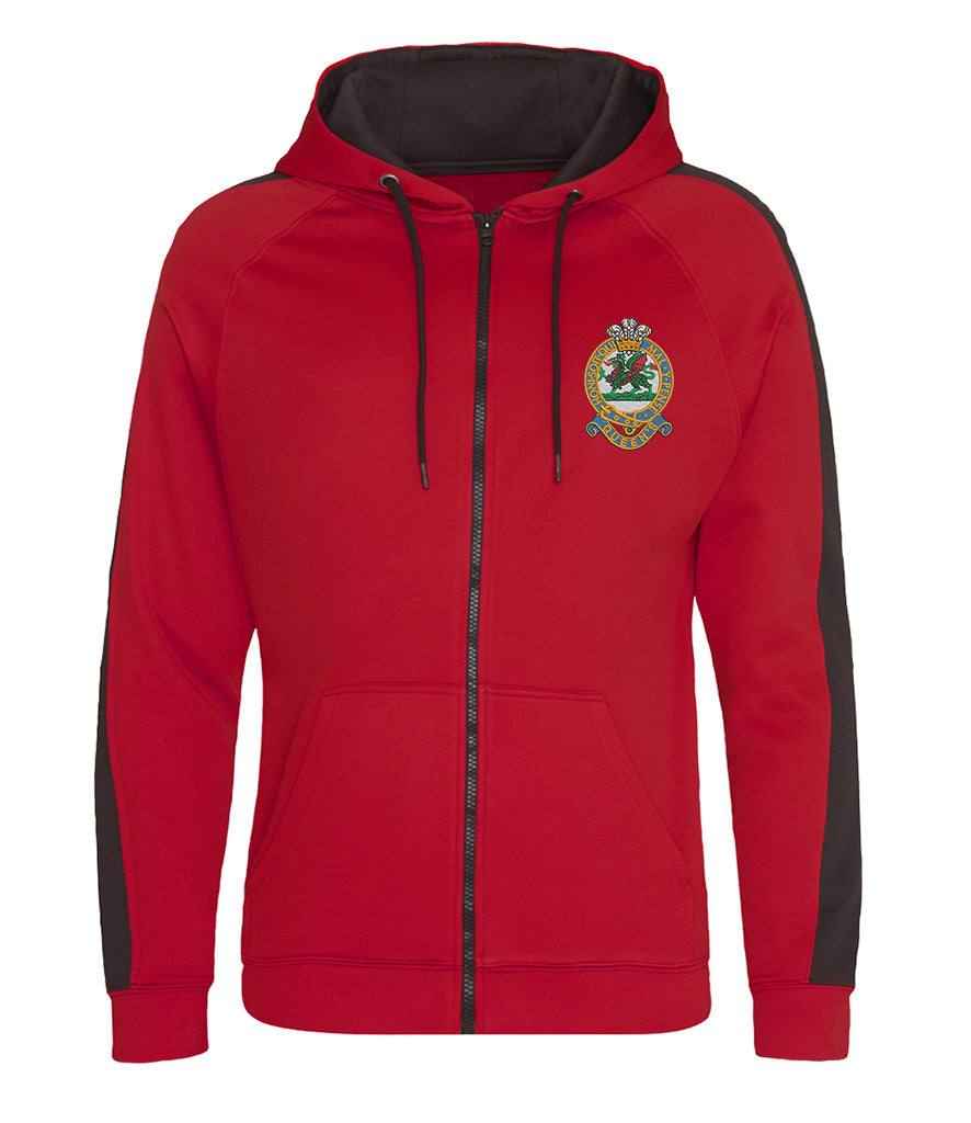Red Queens Regiment polyester sports zoodie with embroidered emblem, hood, and black accents.