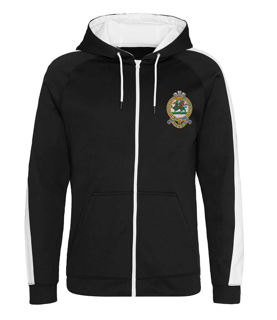 Queens Regiment Polyester Sports Zoodie with emblem, black and white, 100% polyester, brushed back fleece, drop-shoulder style.