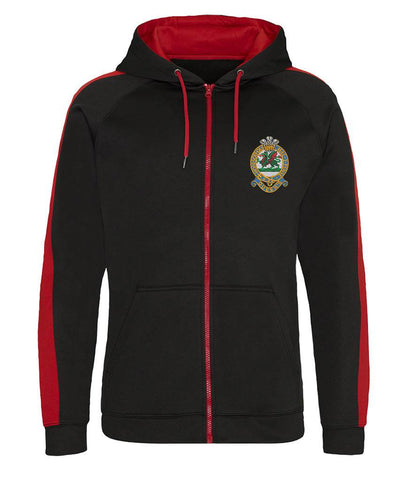 Queens Regiment Polyester Sports Zoodie with emblem, 100% polyester, black with red accents, double-fabric hood.