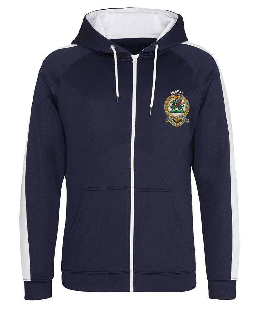 Queens Regiment Polyester Sports Zoodie with emblem, 100% polyester, brushed back fleece, three-panel hood.