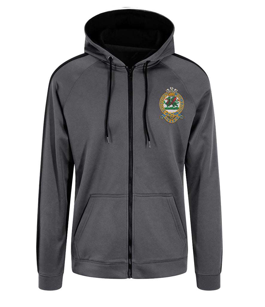 Queens Regiment embroidered polyester sports zoodie, gray hoodie with emblem, ideal for veterans and supporters.