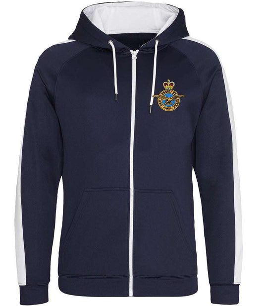 Royal Air Force sports polyester hoodie with badge, 100% polyester, navy color.