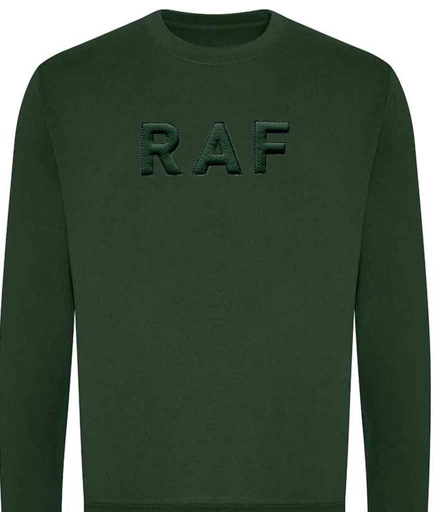 Royal Air Force sweatshirt with 3D puff embroidery on green fabric.