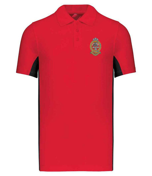The Princess of Wales's Royal Regiment Bi-Colour Polo Shirt with Princess of Wales's Royal Regiment emblem, red with black contrast panels, flat knit collar, three-button placket.