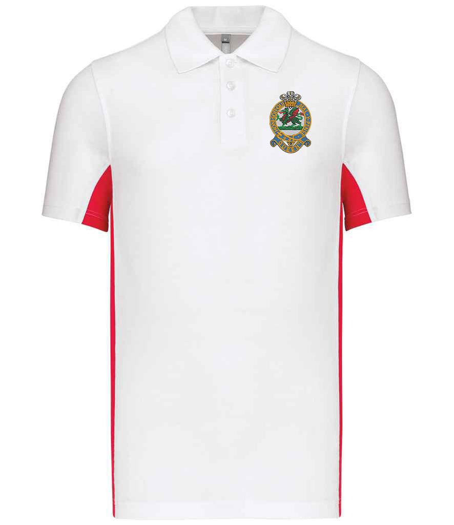 Queens Regiment Bi Colour Polo Shirt with emblem, two-tone design, ribbed collar, and three-button placket.