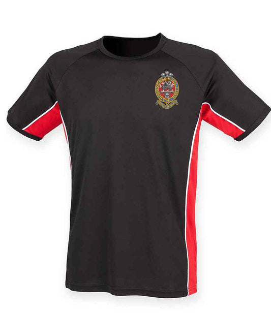 The Princess of Wales's Royal Regiment Performance Panel T- Shirt with emblem and contrast red panels, 100% polyester, lightweight sportswear.