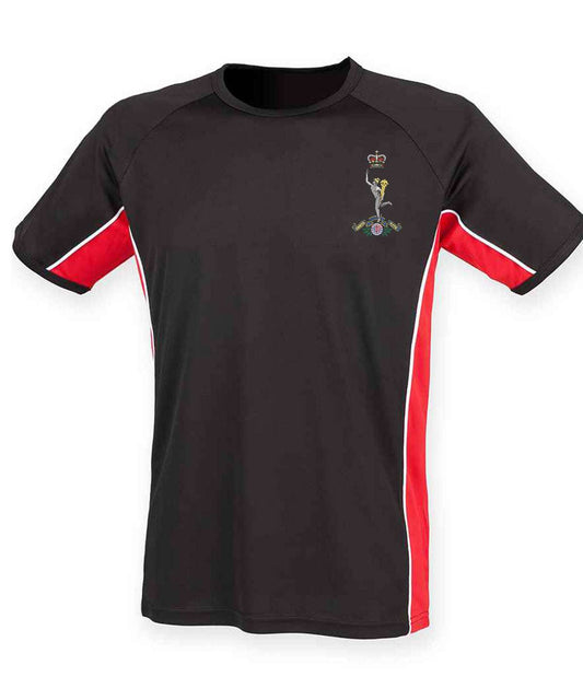 Royal Signals Performance Panel T-Shirt in black with red and white side panels, embroidered logo, breathable fabric.