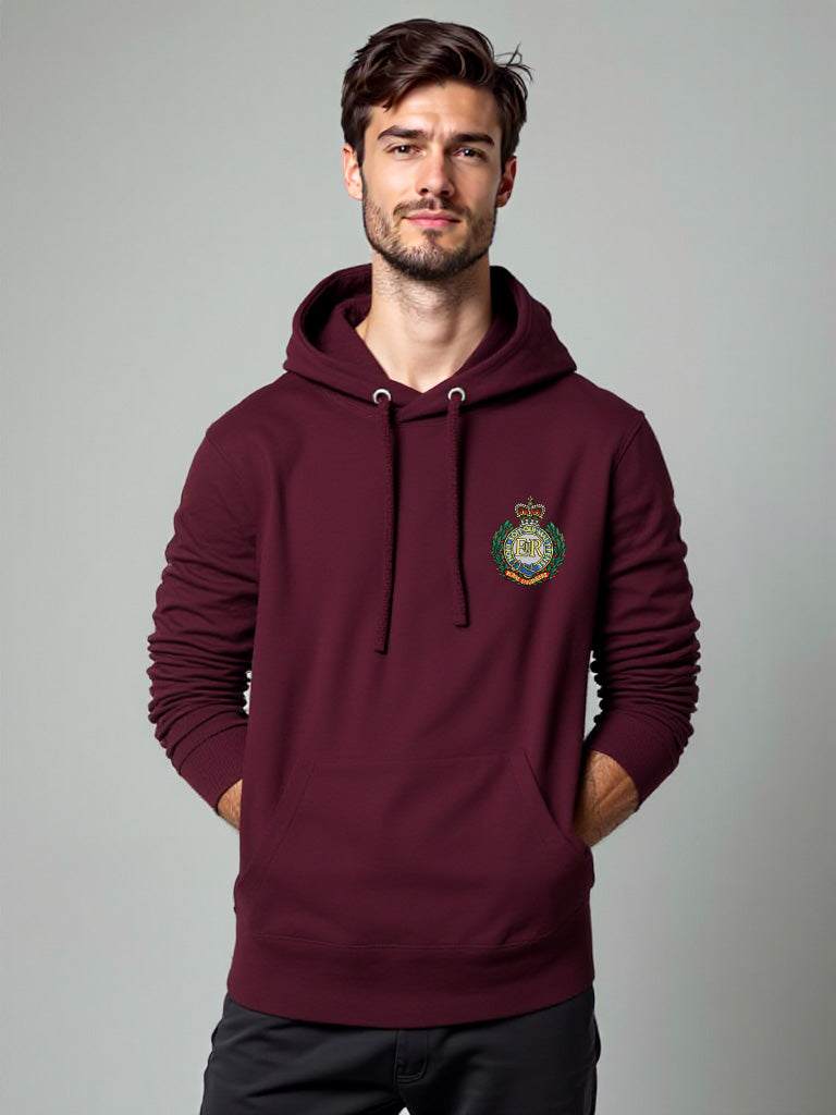 Maroon Royal Engineers Hoodie featuring premium embroidered Royal Engineers logo, perfect military apparel for UK veterans, serving personnel, and supporters.