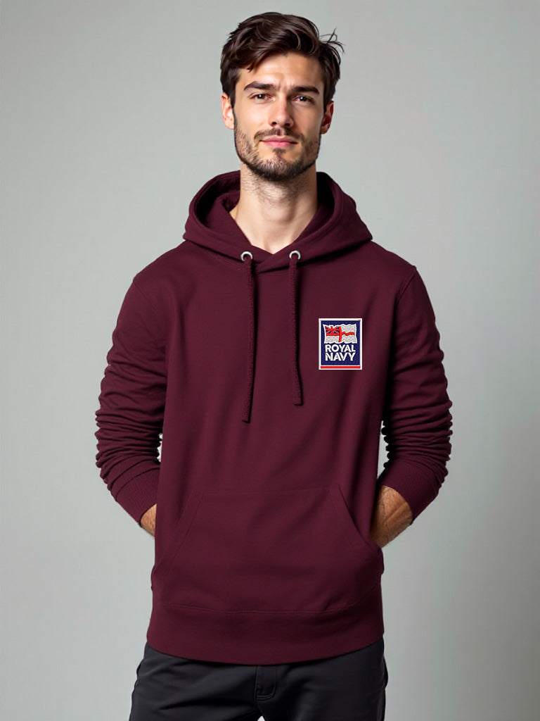 Maroon Royal Navy Hoodie featuring premium embroidered Royal Navy logo, modelled by a male, perfect military apparel for UK veterans, serving personnel, and supporters.