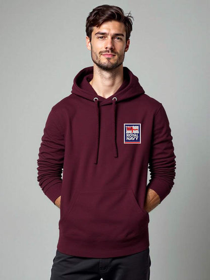Maroon Royal Navy Hoodie featuring premium embroidered Royal Navy logo, modelled by a male, perfect military apparel for UK veterans, serving personnel, and supporters.