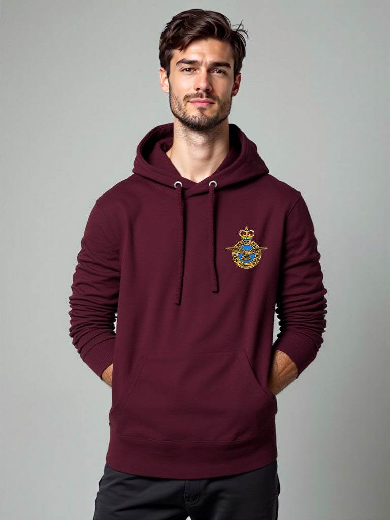 Male model in maroon Royal Air Force hoodie with embroidered RAF crest, military-style pullover featuring drawstring hood and front pocket, official RAF clothing for men