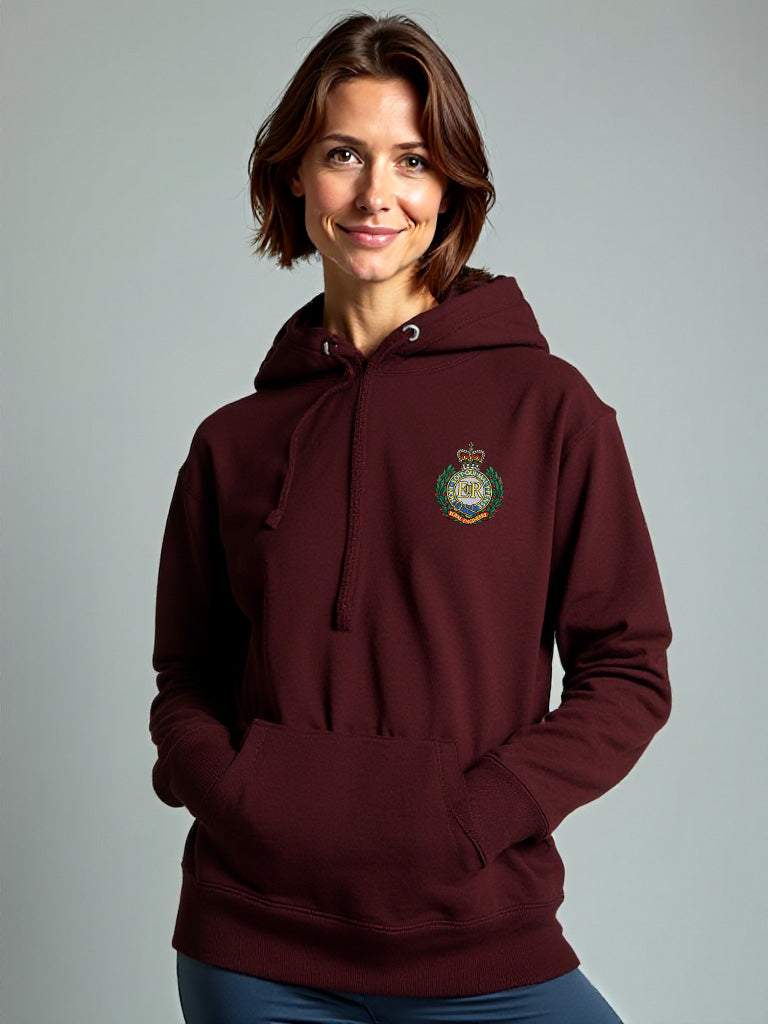 Maroon Royal Engineers Hoodie featuring premium embroidered Royal Engineers logo, modelled by a female, perfect military apparel for UK veterans, serving personnel, and supporters.