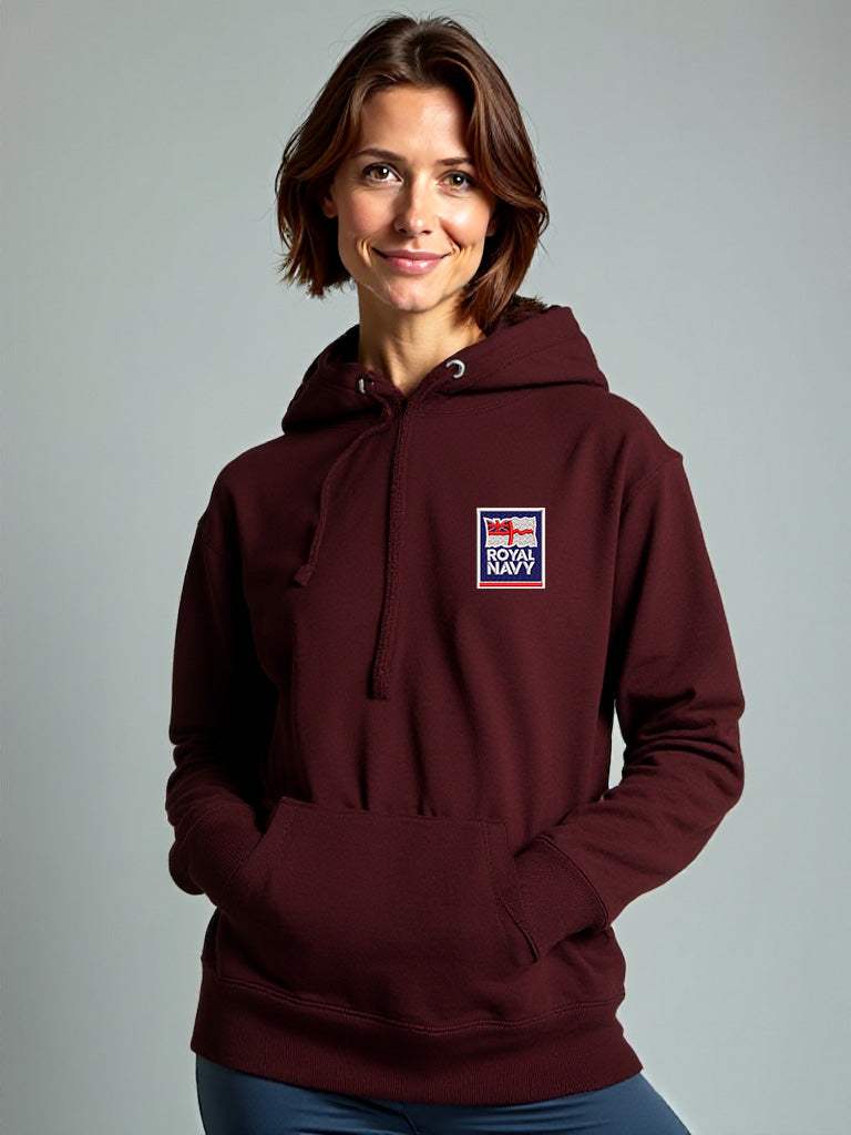 Maroon Royal Navy Hoodie featuring premium embroidered Royal Navy logo, modelled by a female, perfect military apparel for UK veterans, serving personnel, and supporters.