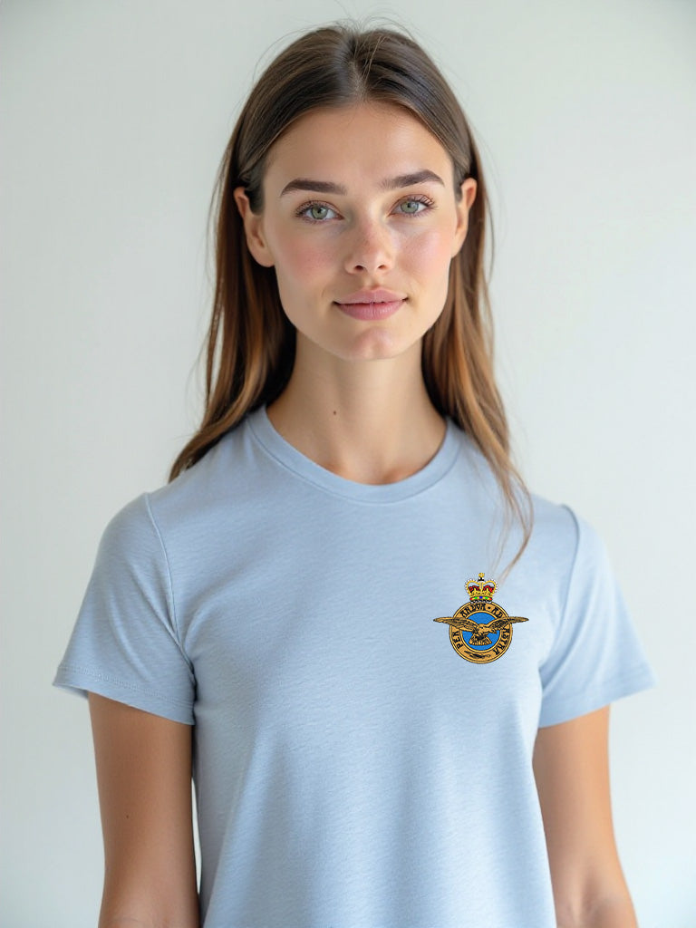 Sky blue RAF T-shirt featuring premium embroidered Royal Air Force crest, perfect military apparel for UK veterans, serving personnel, and RAF supporters.