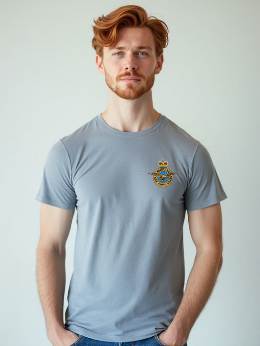 Sky blue RAF T-shirt featuring premium embroidered Royal Air Force crest, perfect military apparel for UK veterans, serving personnel, and supporters.