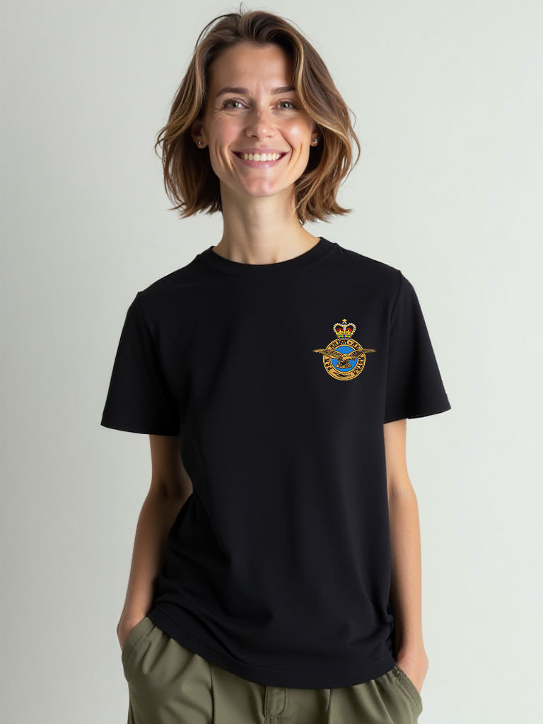 Black RAF T-shirt featuring premium embroidered Royal Air Force logo, perfect military apparel for UK veterans, serving personnel, and supporters.