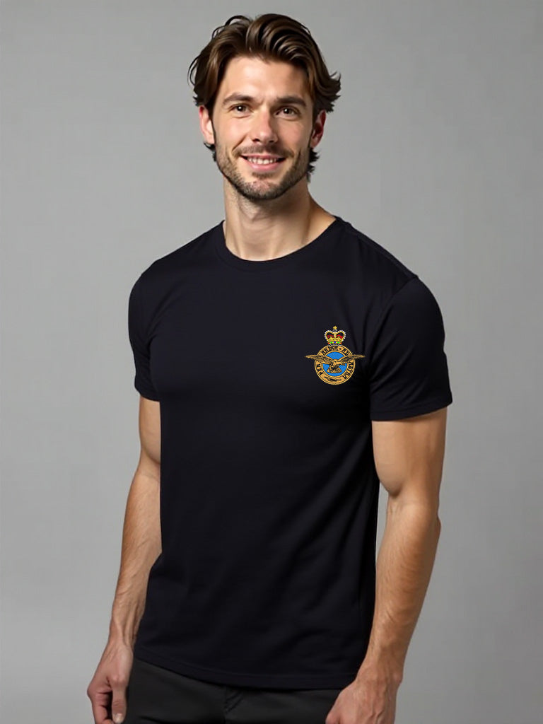 Black RAF T-shirt featuring premium embroidered Royal Air Force logo, ideal for UK veterans, military personnel, and RAF supporters.