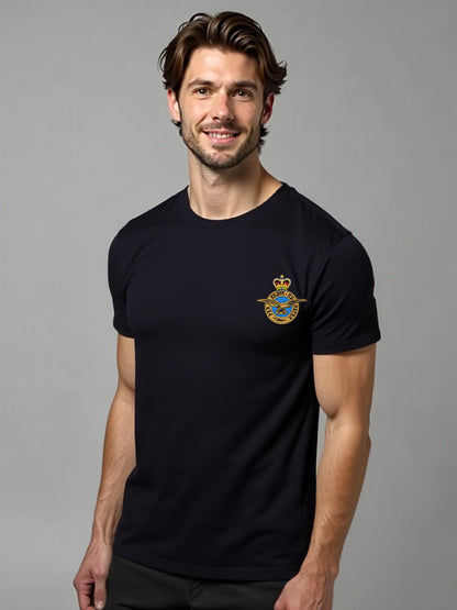 Black RAF T-shirt featuring premium embroidered Royal Air Force logo, ideal for UK veterans, military personnel, and RAF supporters.