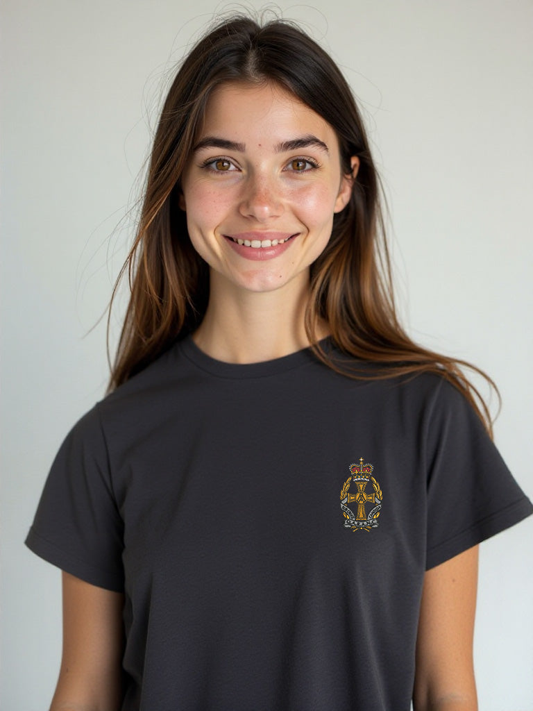 Charcoal RAF T-shirt featuring premium embroidered Royal Air Force logo, perfect military apparel for UK veterans, serving personnel, and supporters.