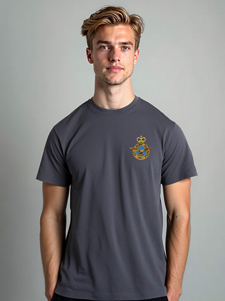 charcoal RAF T-shirt featuring premium embroidered Royal Air Force logo, perfect military apparel for UK veterans, serving personnel, and supporters.