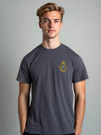 charcoal RAF T-shirt featuring premium embroidered Royal Air Force logo, perfect military apparel for UK veterans, serving personnel, and supporters.