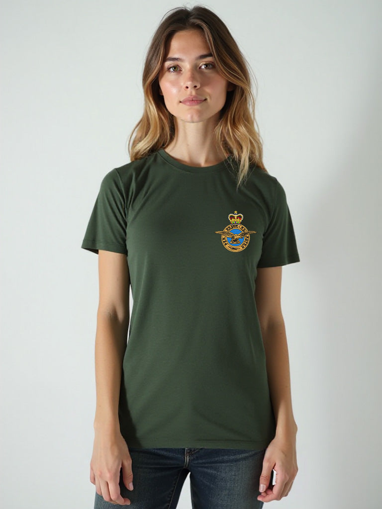 Forest Green RAF T-shirt featuring premium embroidered Royal Air Force logo, perfect military apparel for UK veterans, serving personnel, and supporters.