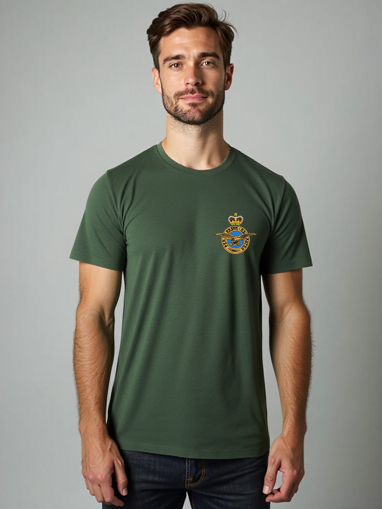 Black RAF T-shirt with premium embroidered Royal Air Force logo, ideal for UK veterans, serving personnel, and military supporters.