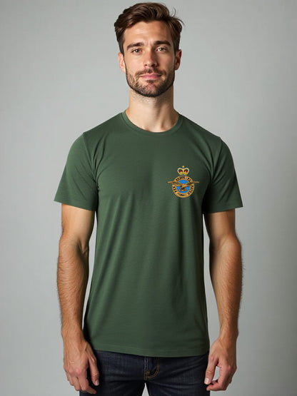 Black RAF T-shirt with premium embroidered Royal Air Force logo, ideal for UK veterans, serving personnel, and military supporters.