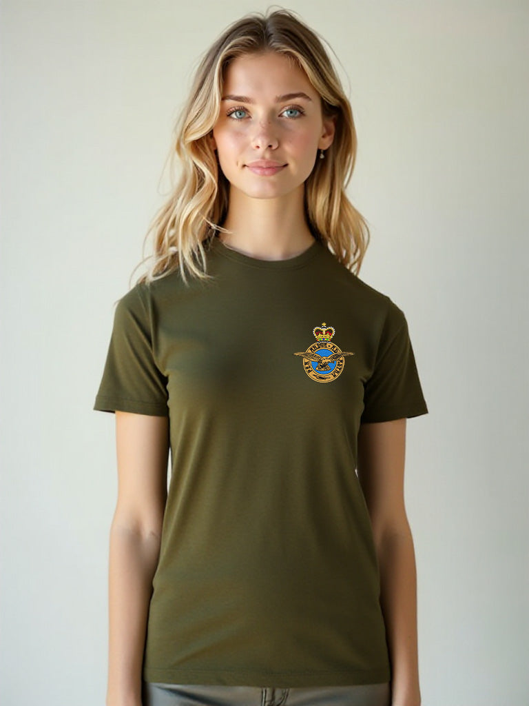 Khaki women's RAF T-shirt featuring premium embroidered Royal Air Force logo, perfect military apparel for UK veterans, service members, and supporters.