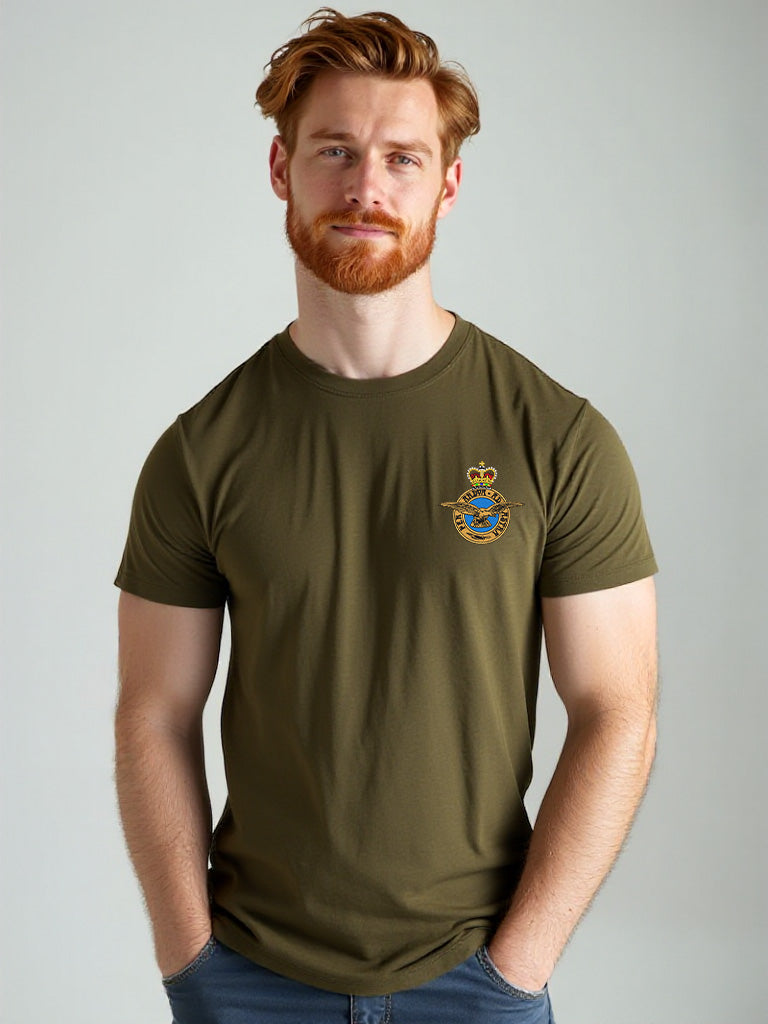 Khaki RAF T-shirt featuring premium embroidered Royal Air Force logo, perfect military apparel for UK veterans, serving personnel, and supporters.