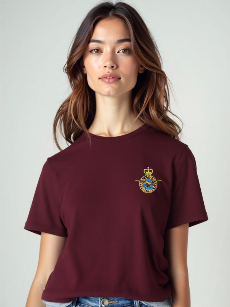 Maroon RAF T-shirt featuring premium embroidered Royal Air Force crest, perfect military apparel for UK veterans, serving personnel, and RAF supporters.