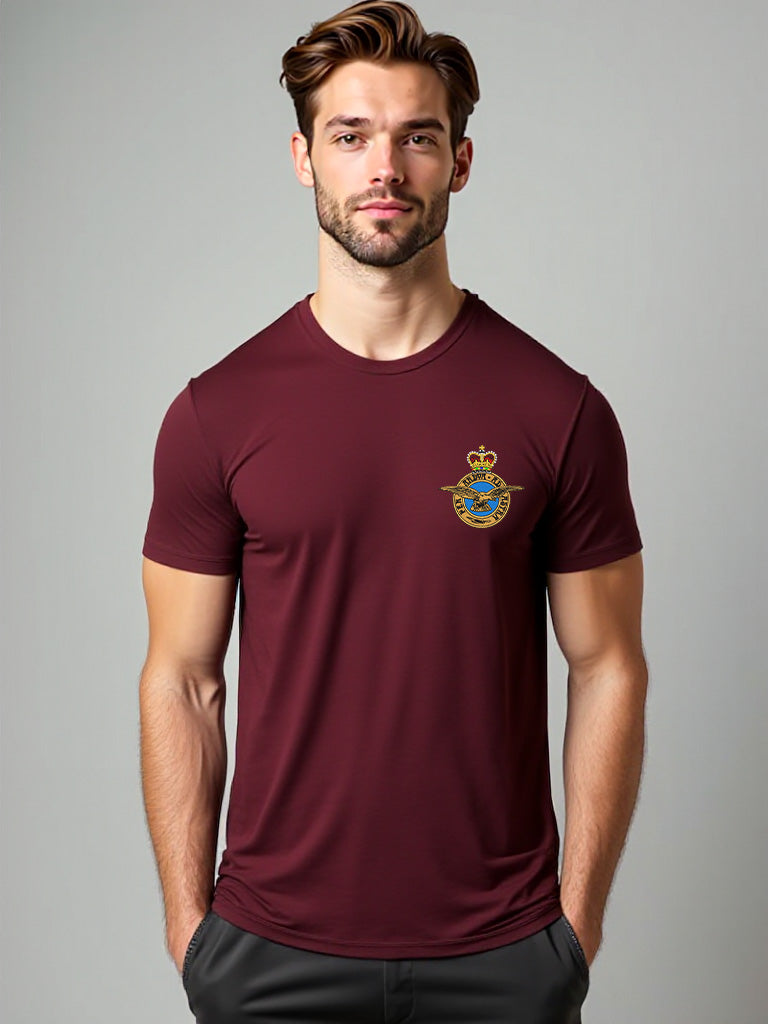 Maroon RAF T-shirt featuring premium embroidered Royal Air Force crest, perfect military apparel for UK veterans, serving personnel, and RAF supporters.