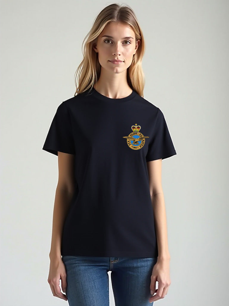 Navy RAF women's T-shirt featuring premium embroidered Royal Air Force crest, ideal for UK veterans, serving personnel, and RAF supporters.