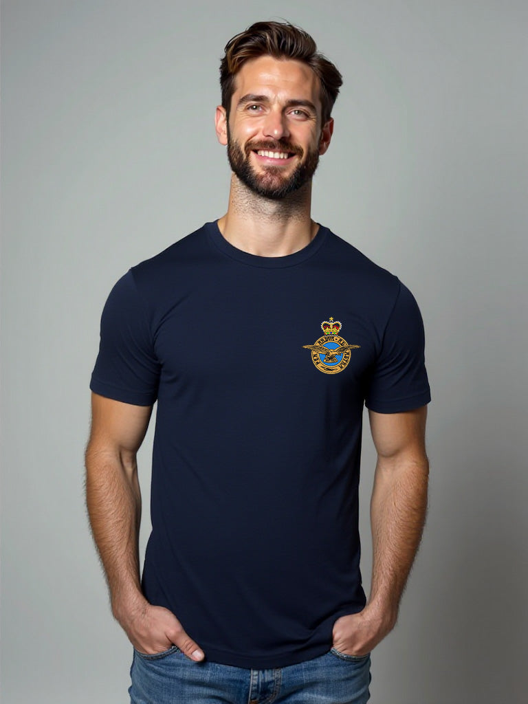 Navy RAF T-shirt featuring premium embroidered Royal Air Force crest, perfect for UK veterans, serving personnel, and RAF supporters.