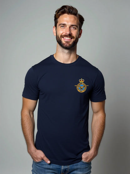 Navy RAF T-shirt featuring premium embroidered Royal Air Force crest, perfect for UK veterans, serving personnel, and RAF supporters.