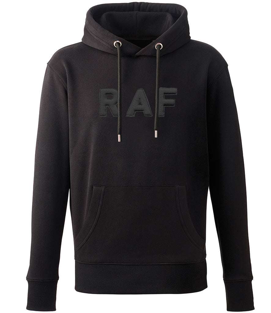Black hoodie with "RAF" in bold 3D puff embroidery, featuring drawcord hood and front pouch pocket.