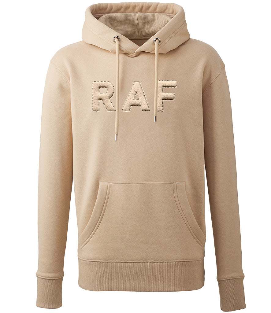 Royal Air Force hoodie with 3D puff embroidery, featuring "RAF" in desert color.