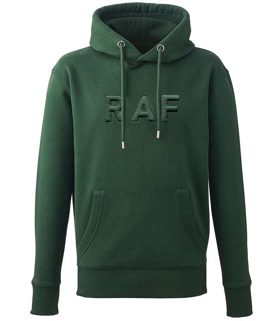 Royal Air Force 3D Puff Embroidered Hoodie in forest green with "RAF" lettering.