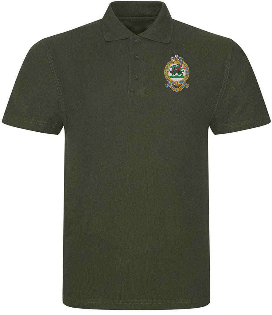Princess of Wales's Royal Regiment embroidered polo shirt, green with ribbed collar and three-button placket, 50% polyester, 50% cotton.
