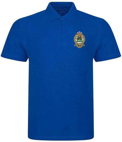 Blue Queens Regiment Polo Shirt with embroidered emblem, high-quality polyester-cotton blend, ribbed collar, and three-button placket.