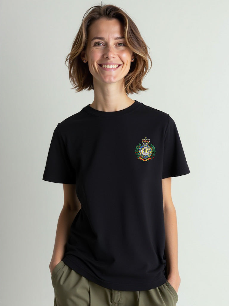 Black Royal Engineers T-shirt featuring premium embroidered Royal Engineers crest. Perfect military apparel for UK veterans, serving personnel, and supporters.
