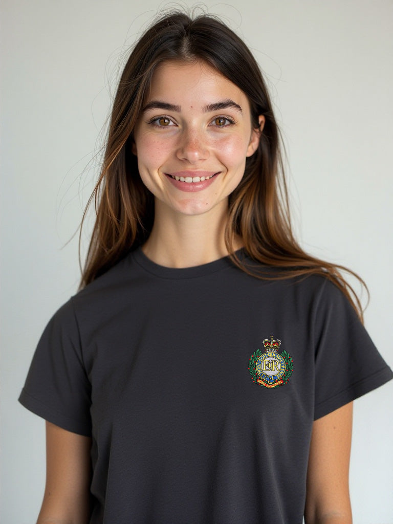 Charcoal Royal Engineers T-shirt featuring premium embroidered Royal Engineers crest. Perfect military apparel for UK veterans, serving personnel, and supporters.