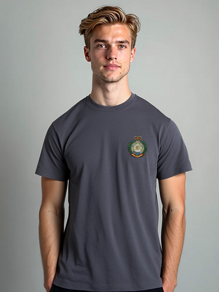 Charcoal Royal Engineers T-shirt featuring premium embroidered Royal Engineers crest. Perfect military apparel for UK veterans, serving personnel, and supporters