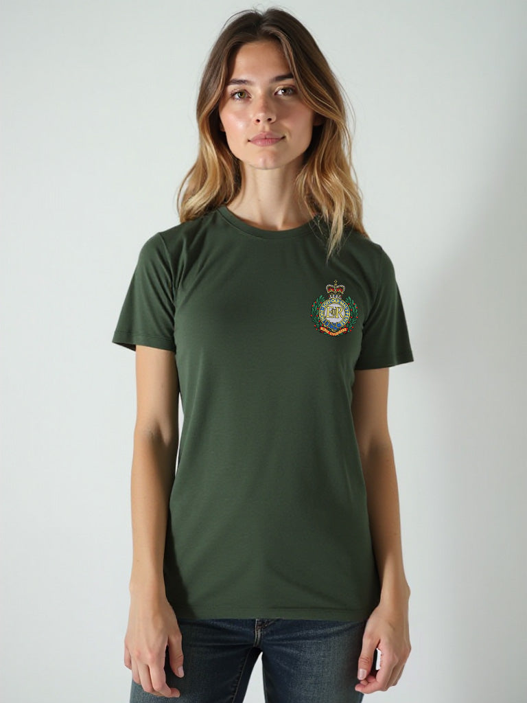 Forest green Royal Engineers women's T-shirt featuring premium embroidered Royal Engineers crest. Perfect military apparel for UK veterans, serving personnel, and supporters.