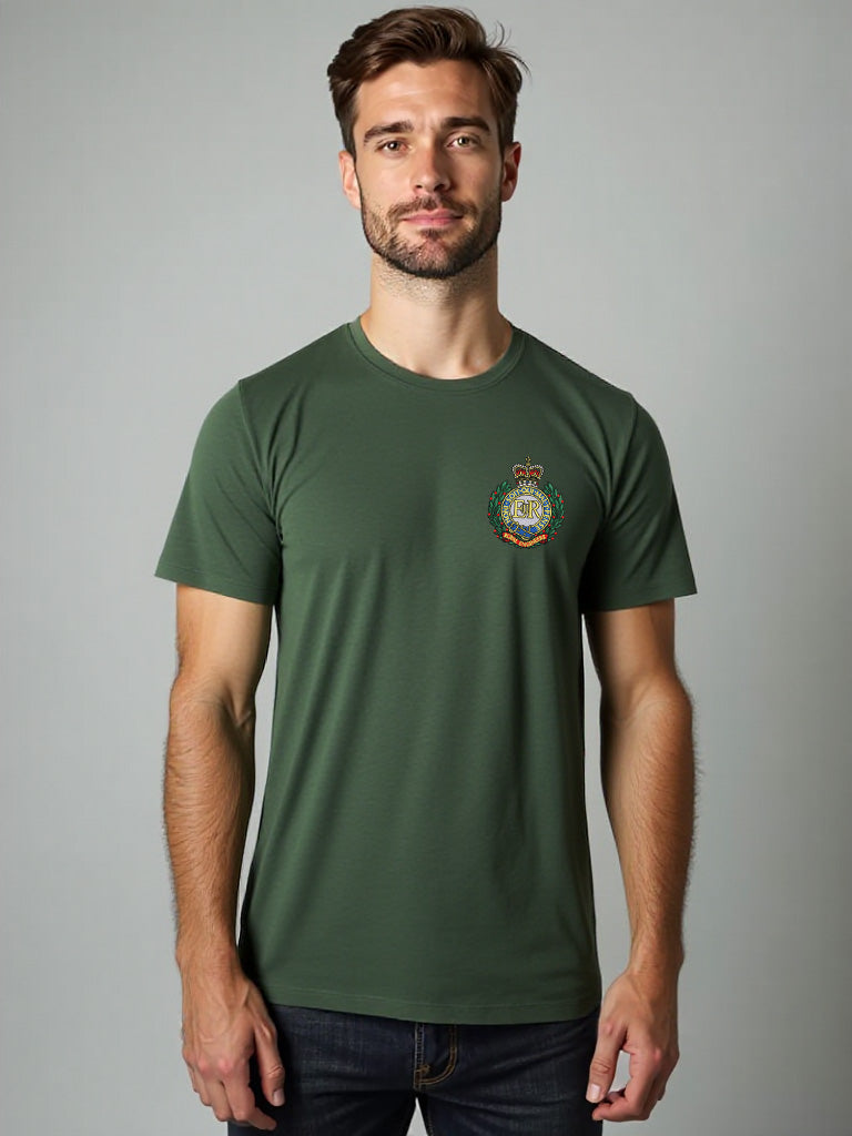 Forest green Royal Engineers T-shirt featuring premium embroidered Royal Engineers crest. Perfect military apparel for UK veterans, serving personnel, and supporters.