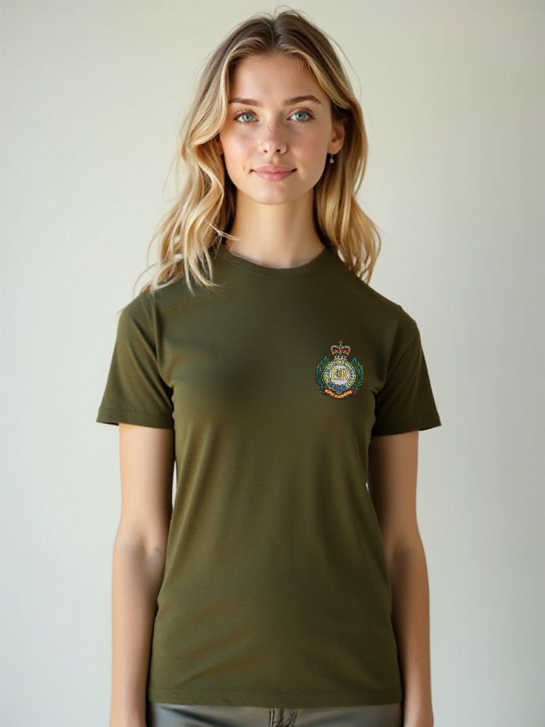 Khaki Royal Engineers T-shirt featuring premium embroidered Royal Engineers crest. Perfect military apparel for UK veterans, serving personnel, and supporters.