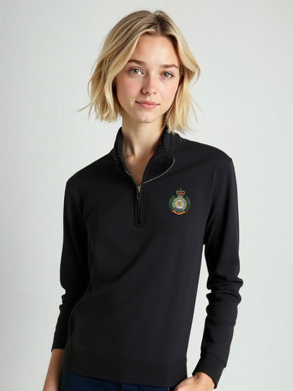 Female model in black Royal Engineers half zip sweatshirt with embroidered crest, official MOD licensed women’s pullover with quarter zip and stand-up collar, British Army style sweatshirt.Female model in black Royal Engineers half zip sweatshirt with embroidered crest, official MOD licensed women’s pullover with quarter zip and stand-up collar, British Army style sweatshirt.