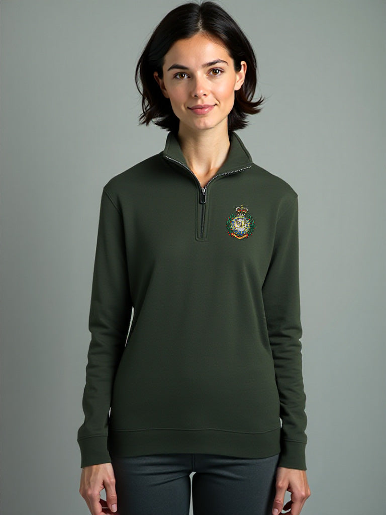 Female model wearing forest green Royal Engineers half zip sweatshirt with embroidered Royal Engineers logo, zip neck army-style pullover for women.